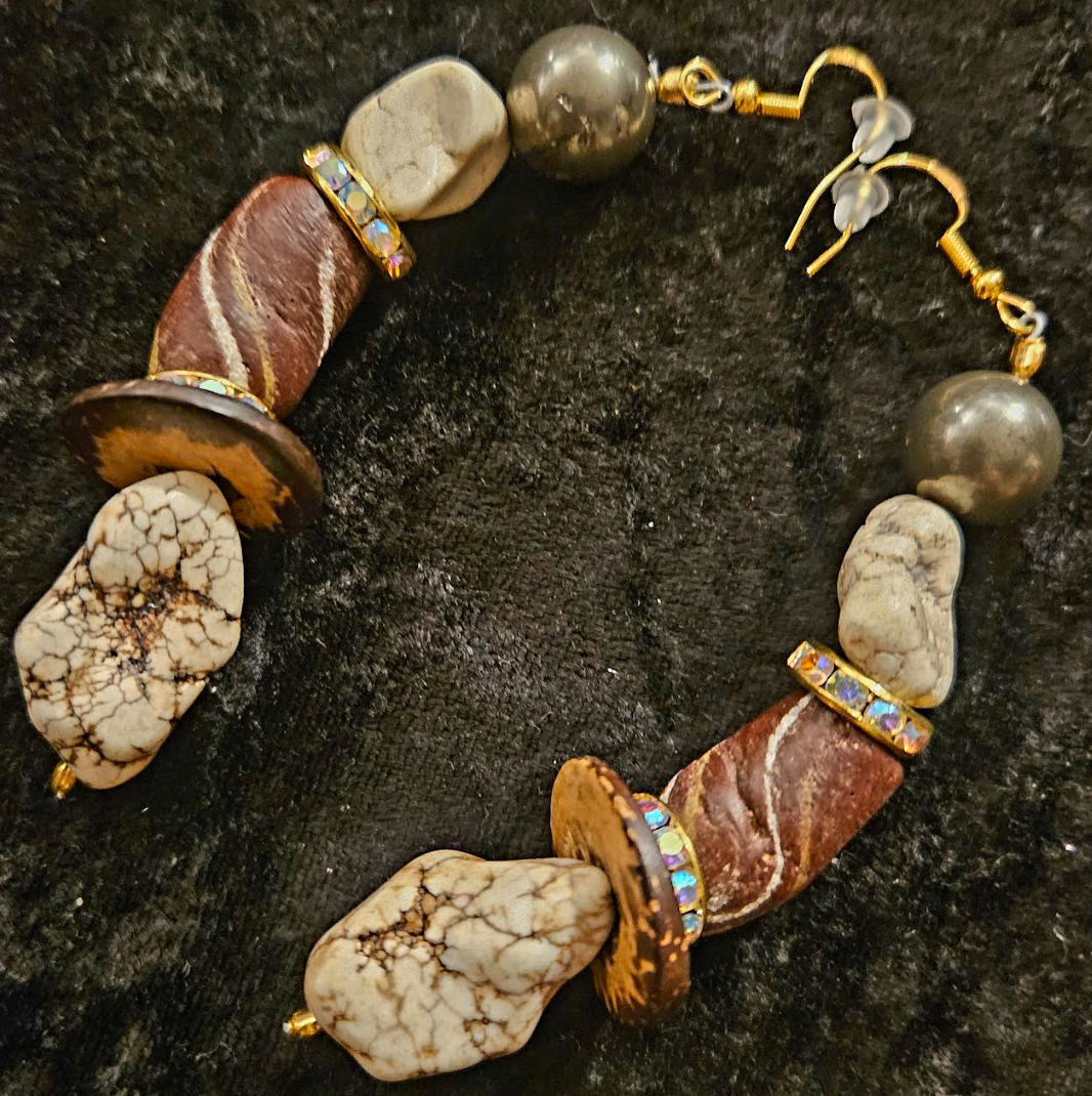 Brown & White Exotic Gemstone Dangle Ear Candy - Earth Tone Mixed Media Pierced Earrings - Kat Kouture Jewelry