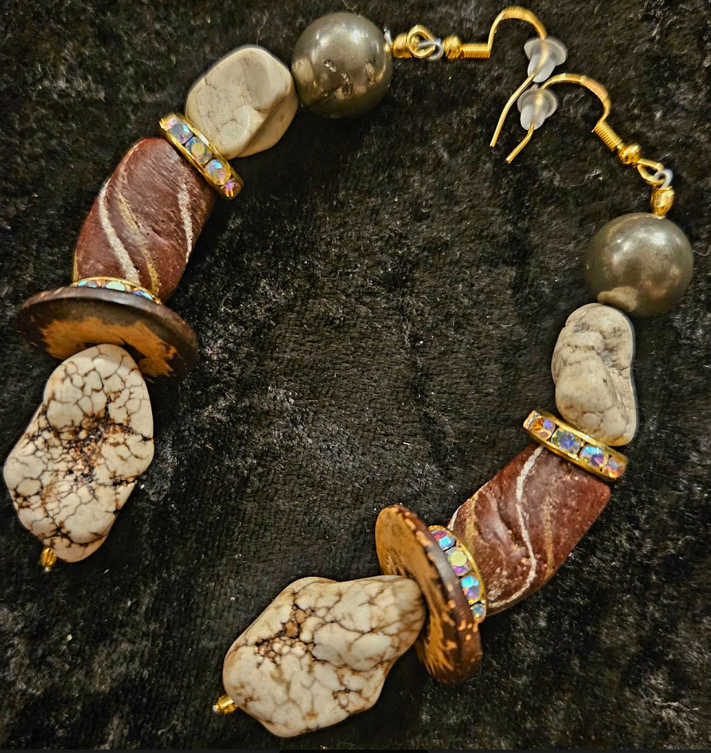 Brown & White Exotic Gemstone Dangle Ear Candy - Earth Tone Mixed Media Pierced Earrings - Kat Kouture Jewelry