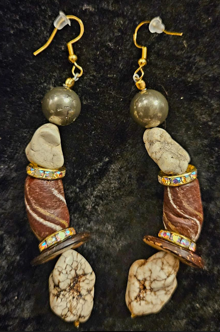 Brown & White Exotic Gemstone Dangle Ear Candy - Earth Tone Mixed Media Pierced Earrings - Kat Kouture Jewelry