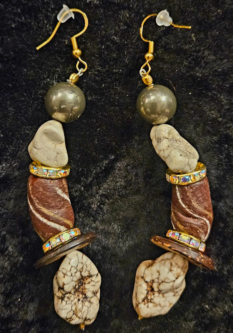 Brown & White Exotic Gemstone Dangle Ear Candy - Earth Tone Mixed Media Pierced Earrings - Kat Kouture Jewelry