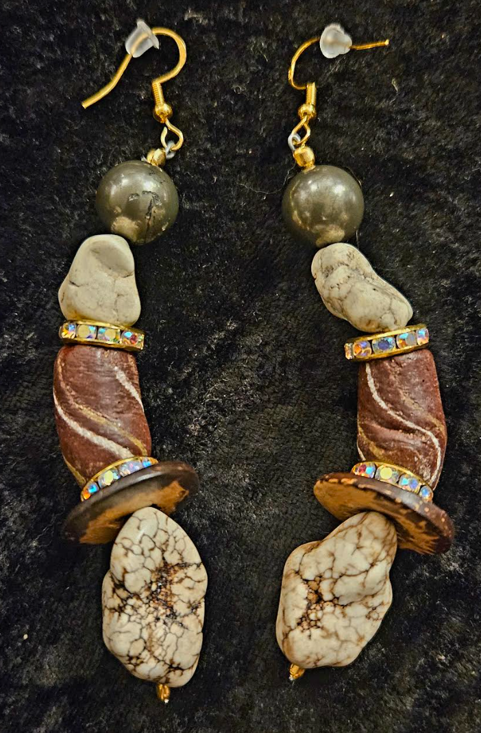 Brown & White Exotic Gemstone Dangle Ear Candy - Earth Tone Mixed Media Pierced Earrings - Kat Kouture Jewelry