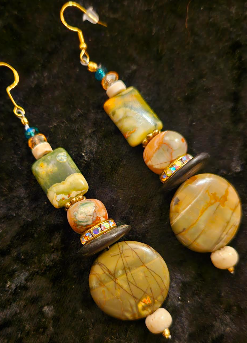 Earthy Jasper & Agate Dangle Pierced Earrings - Green Brown and Beige Shoulder Dusters - Kat Kouture Jewelry - Jungle Fever Ear Candy