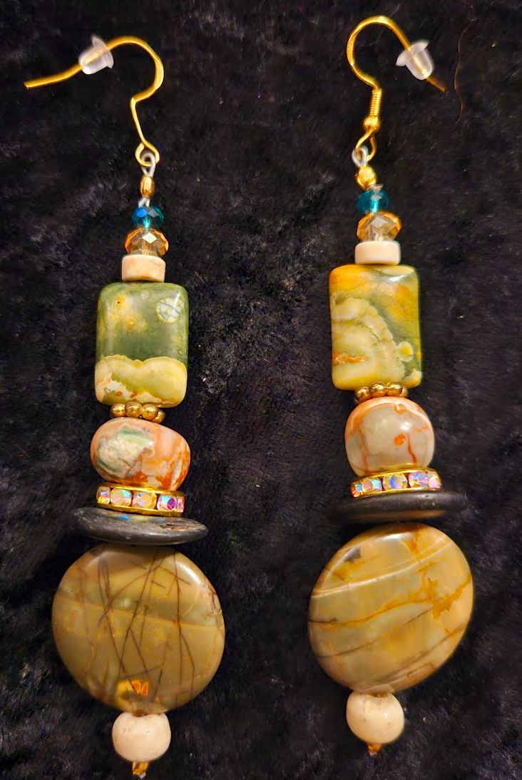 Earthy Jasper & Agate Dangle Pierced Earrings - Green Brown and Beige Shoulder Dusters - Kat Kouture Jewelry - Jungle Fever Ear Candy