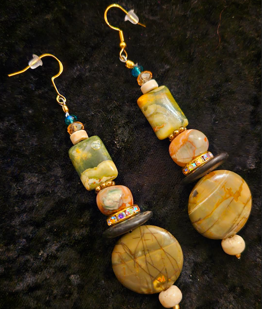 Earthy Jasper & Agate Dangle Pierced Earrings - Green Brown and Beige Shoulder Dusters - Kat Kouture Jewelry - Jungle Fever Ear Candy