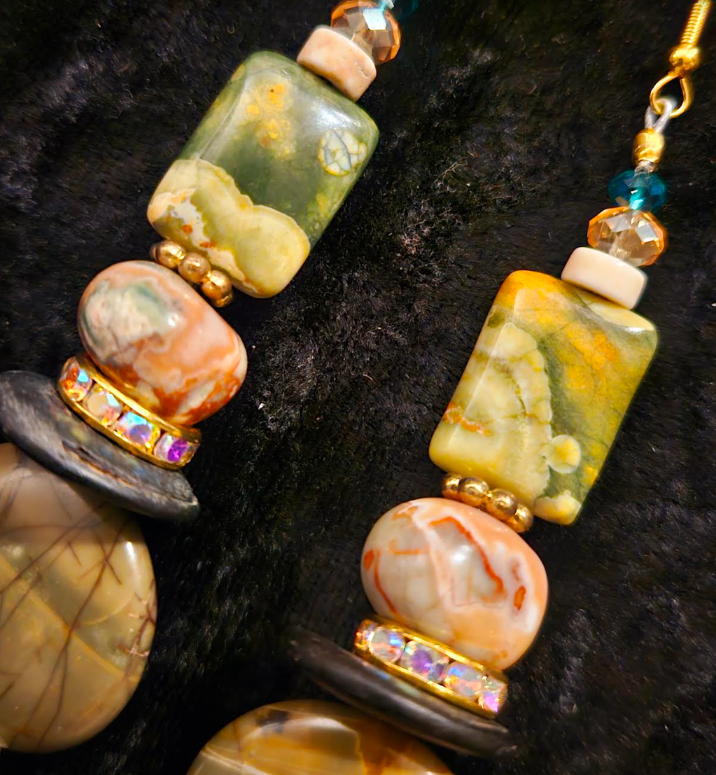 Earthy Jasper & Agate Dangle Pierced Earrings - Green Brown and Beige Shoulder Dusters - Kat Kouture Jewelry - Jungle Fever Ear Candy