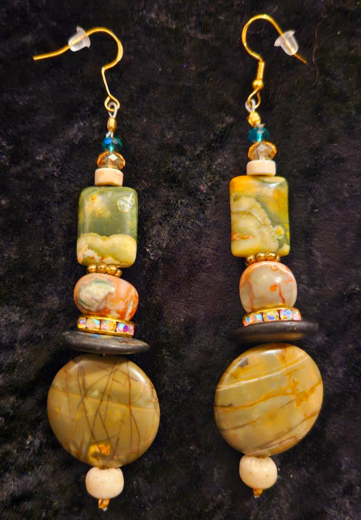 Earthy Jasper & Agate Dangle Pierced Earrings - Green Brown and Beige Shoulder Dusters - Kat Kouture Jewelry - Jungle Fever Ear Candy