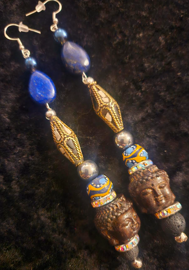 Exotic and Wild Lapis Tribal Agarwood Agarwood Budda Shoulder Dusters - Super Long Beaded Ethnic Pierced Earrings - Kat Kouture Jewelry