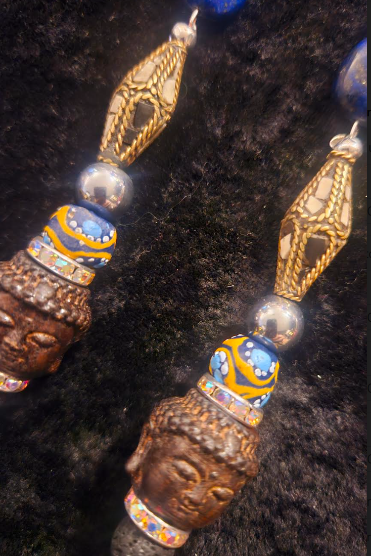 Exotic and Wild Lapis Tribal Agarwood Agarwood Budda Shoulder Dusters - Super Long Beaded Ethnic Pierced Earrings - Kat Kouture Jewelry