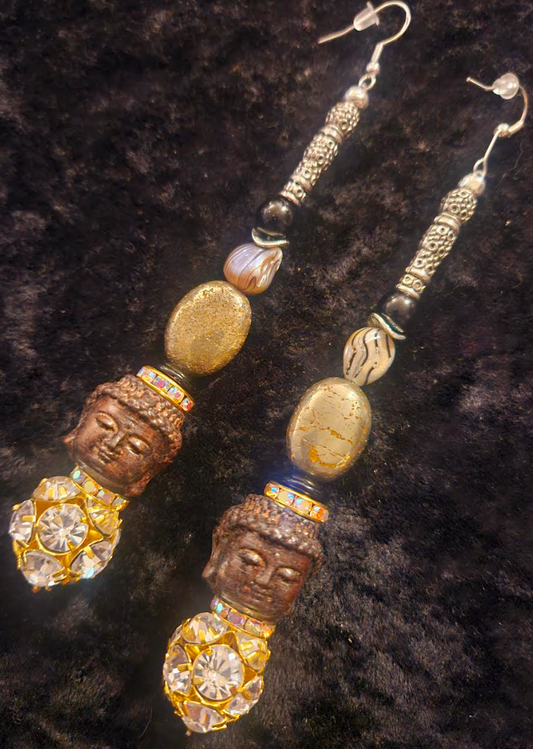 Agarwood Budda & Rhinestone Ball Shoulder Duster Earrings - Exotic Asian God Super Long Pierced Ear Candy - Artisan Pierced Earrings - Kat Kouture Jewelry