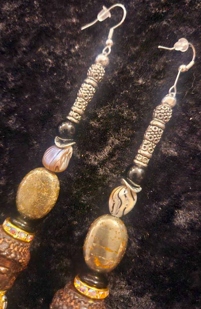 Agarwood Budda & Rhinestone Ball Shoulder Duster Earrings - Exotic Asian God Super Long Pierced Ear Candy - Artisan Pierced Earrings - Kat Kouture Jewelry