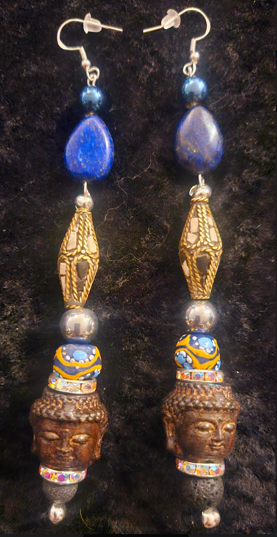 Exotic and Wild Lapis Tribal Agarwood Agarwood Budda Shoulder Dusters - Super Long Beaded Ethnic Pierced Earrings - Kat Kouture Jewelry