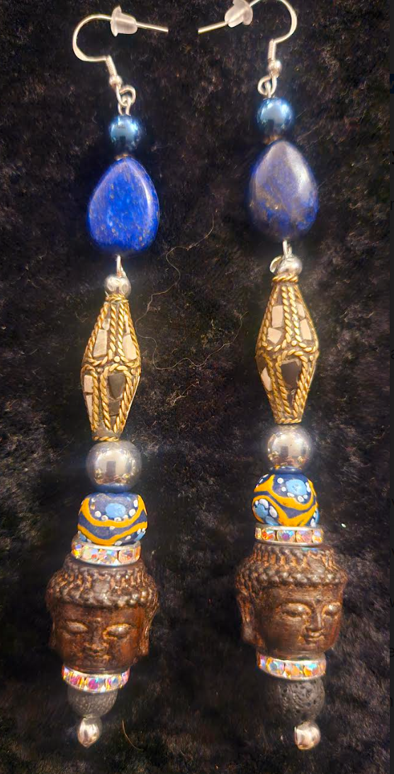 Exotic and Wild Lapis Tribal Agarwood Agarwood Budda Shoulder Dusters - Super Long Beaded Ethnic Pierced Earrings - Kat Kouture Jewelry