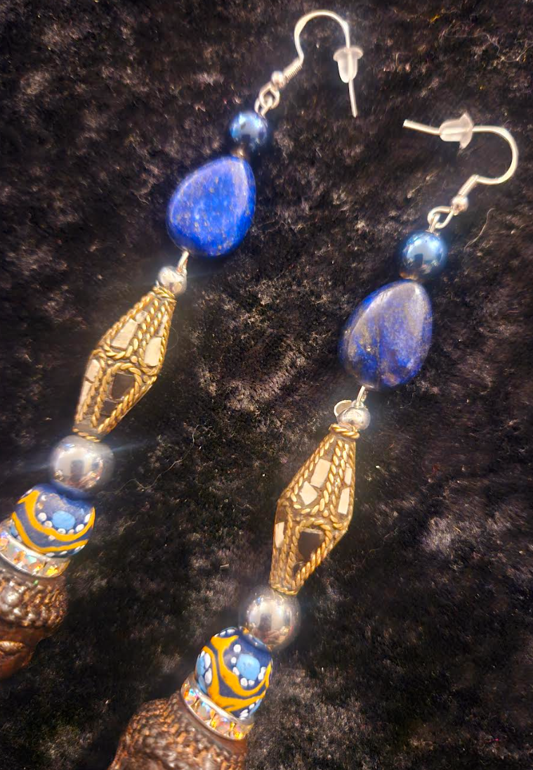 Exotic and Wild Lapis Tribal Agarwood Agarwood Budda Shoulder Dusters - Super Long Beaded Ethnic Pierced Earrings - Kat Kouture Jewelry