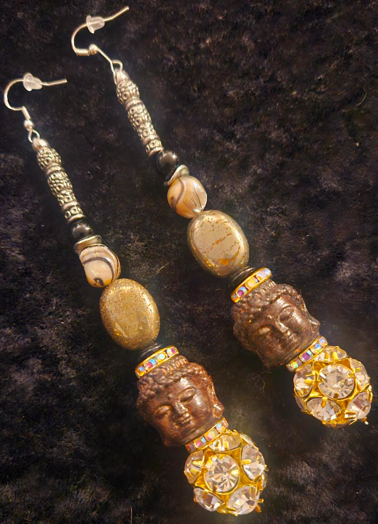 Agarwood Budda & Rhinestone Ball Shoulder Duster Earrings - Exotic Asian God Super Long Pierced Ear Candy - Artisan Pierced Earrings - Kat Kouture Jewelry