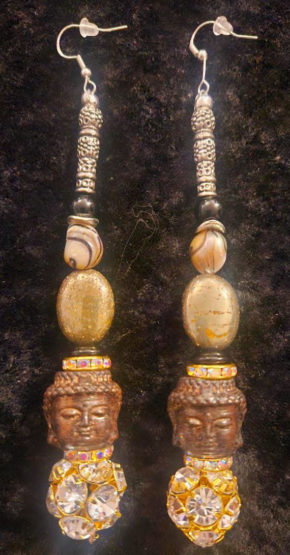 Agarwood Budda & Rhinestone Ball Shoulder Duster Earrings - Exotic Asian God Super Long Pierced Ear Candy - Artisan Pierced Earrings - Kat Kouture Jewelry