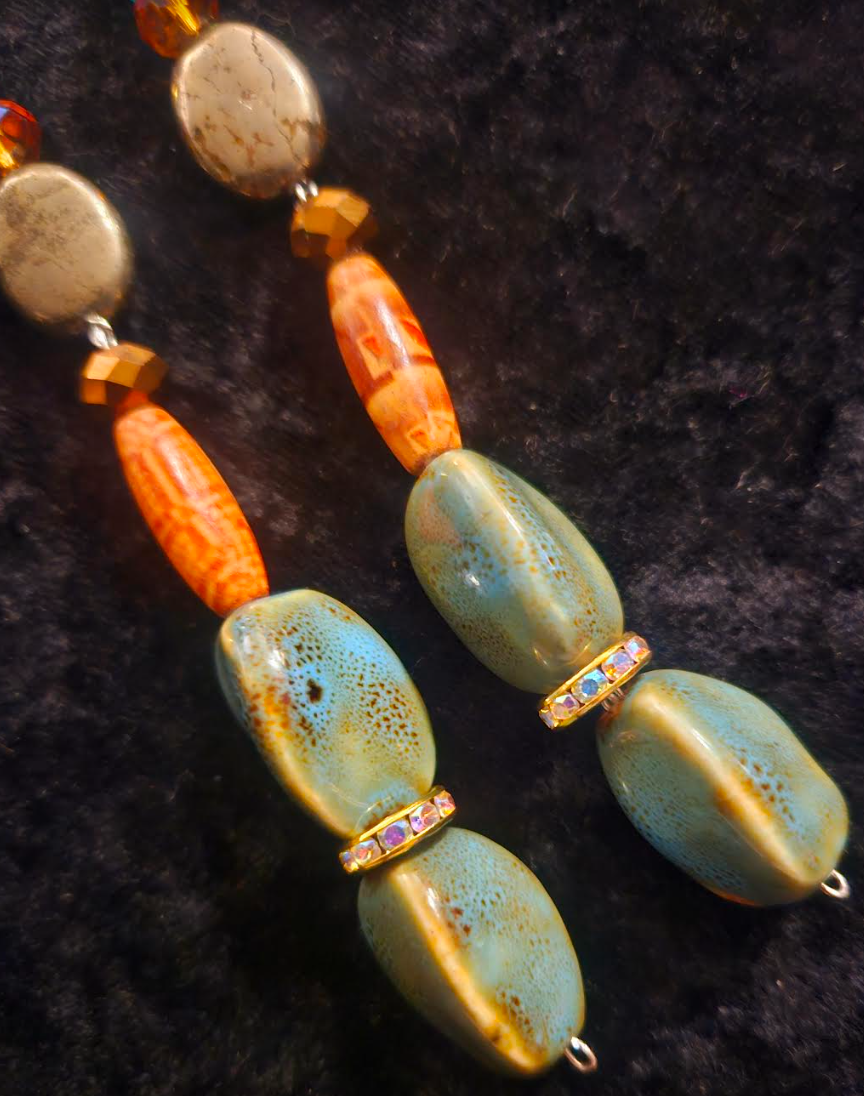 Mixed Media Shoulder Duster Pierced Earrings - Green Orange and Silver-God Super Long Ear Candy - Kat Kouture Jewelry