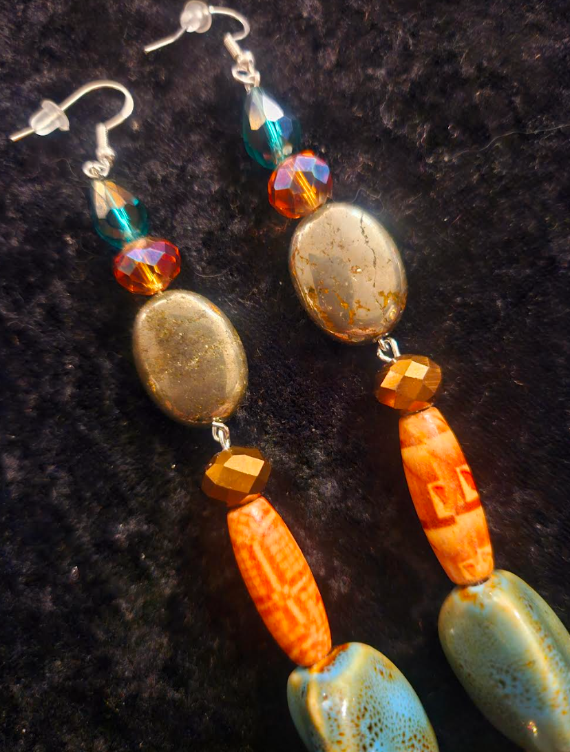 Mixed Media Shoulder Duster Pierced Earrings - Green Orange and Silver-God Super Long Ear Candy - Kat Kouture Jewelry