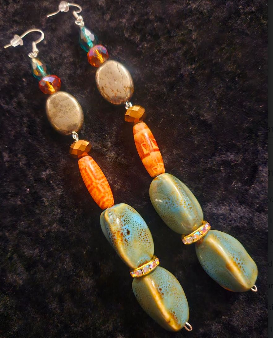 Mixed Media Shoulder Duster Pierced Earrings - Green Orange and Silver-God Super Long Ear Candy - Kat Kouture Jewelry