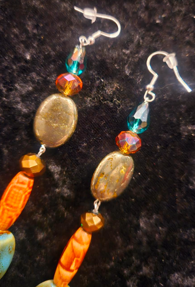 Mixed Media Shoulder Duster Pierced Earrings - Green Orange and Silver-God Super Long Ear Candy - Kat Kouture Jewelry