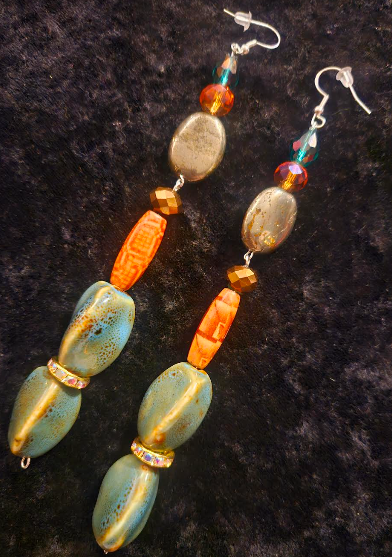 Mixed Media Shoulder Duster Pierced Earrings - Green Orange and Silver-God Super Long Ear Candy - Kat Kouture Jewelry