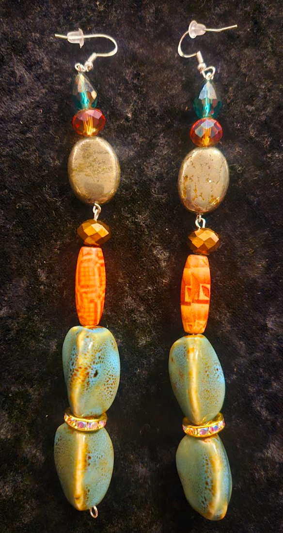 Mixed Media Shoulder Duster Pierced Earrings - Green Orange and Silver-God Super Long Ear Candy - Kat Kouture Jewelry