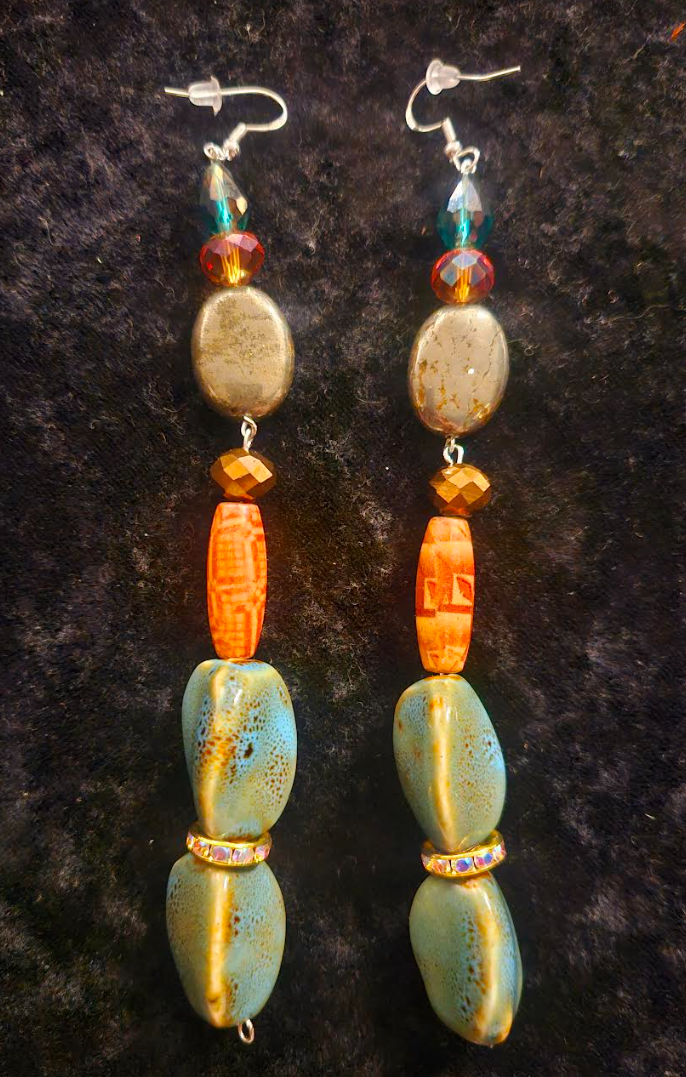 Mixed Media Shoulder Duster Pierced Earrings - Green Orange and Silver-God Super Long Ear Candy - Kat Kouture Jewelry