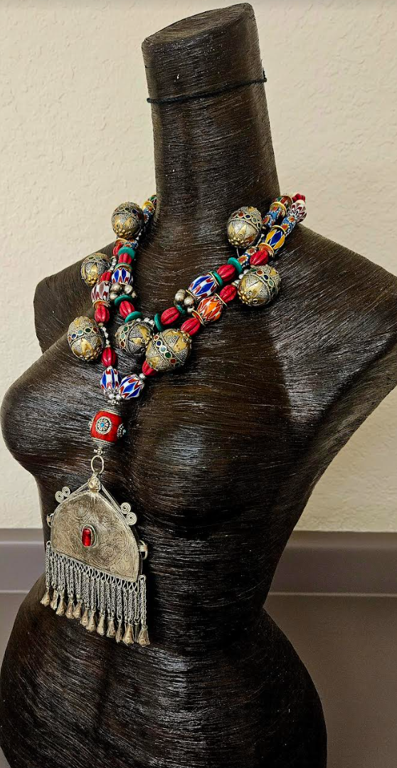 Exotic Tribal Chevon and African Beaded Tribal Necklace - Middle Eastern Ethnic Pendant Chest Piece - Waziri Kuchi Turkman Yemen Berber -  Kat Kouture Jewelry