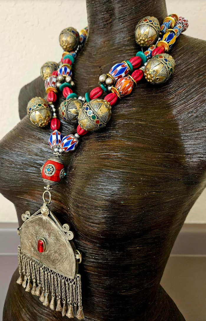 Exotic Tribal Chevon and African Beaded Tribal Necklace - Middle Eastern Ethnic Pendant Chest Piece - Waziri Kuchi Turkman Yemen Berber -  Kat Kouture Jewelry