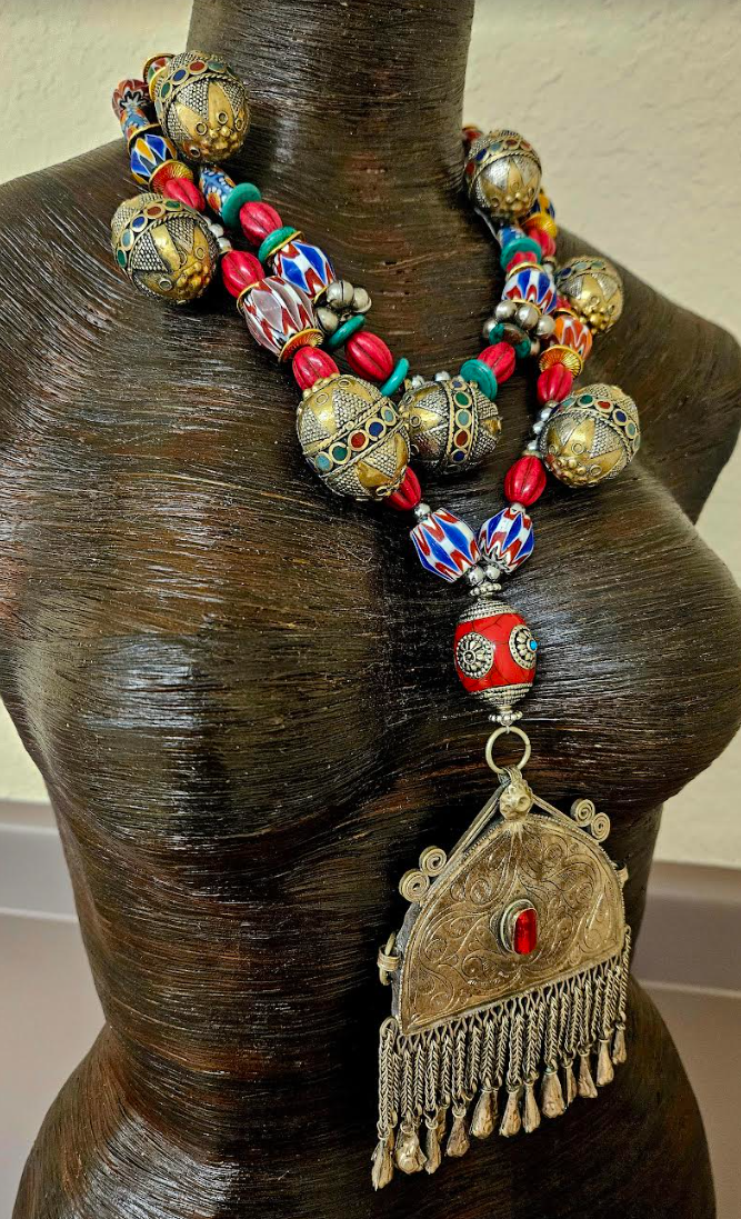 Exotic Tribal Chevon and African Beaded Tribal Necklace - Middle Eastern Ethnic Pendant Chest Piece - Waziri Kuchi Turkman Yemen Berber -  Kat Kouture Jewelry