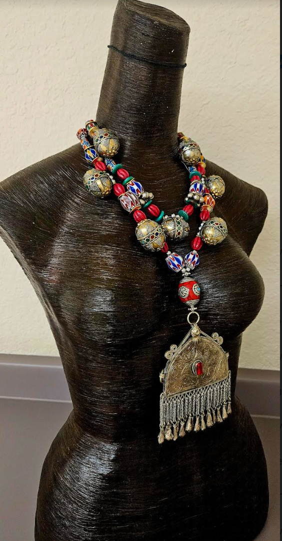 Exotic Tribal Chevon and African Beaded Tribal Necklace - Middle Eastern Ethnic Pendant Chest Piece - Waziri Kuchi Turkman Yemen Berber -  Kat Kouture Jewelry