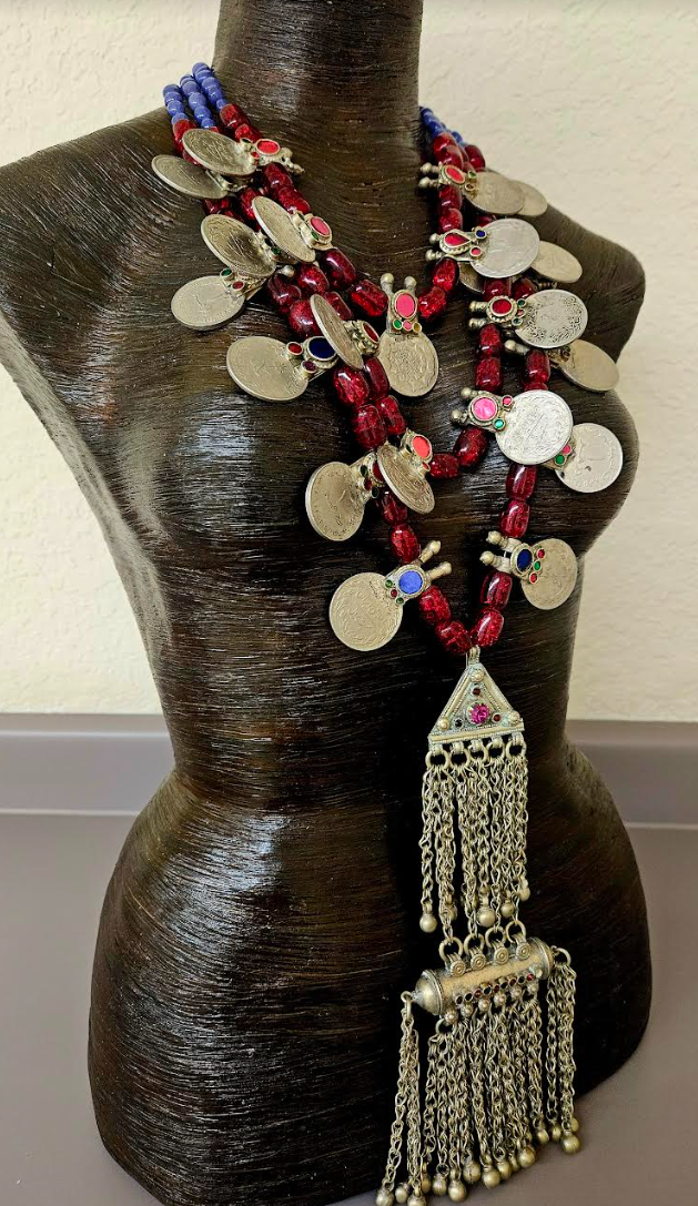 Glass and Architectural Tribal Coin Beaded Ethnic Chest Piece - Waziri Kuchi Scroll Double Tribal Statement Pendant - Kat Kouture Jewelry - Belly Dancer Accessory