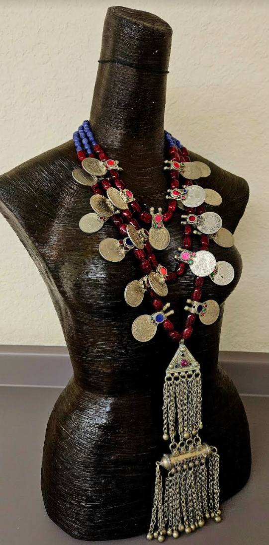 Glass and Architectural Tribal Coin Beaded Ethnic Chest Piece - Waziri Kuchi Scroll Double Tribal Statement Pendant - Kat Kouture Jewelry - Belly Dancer Accessory