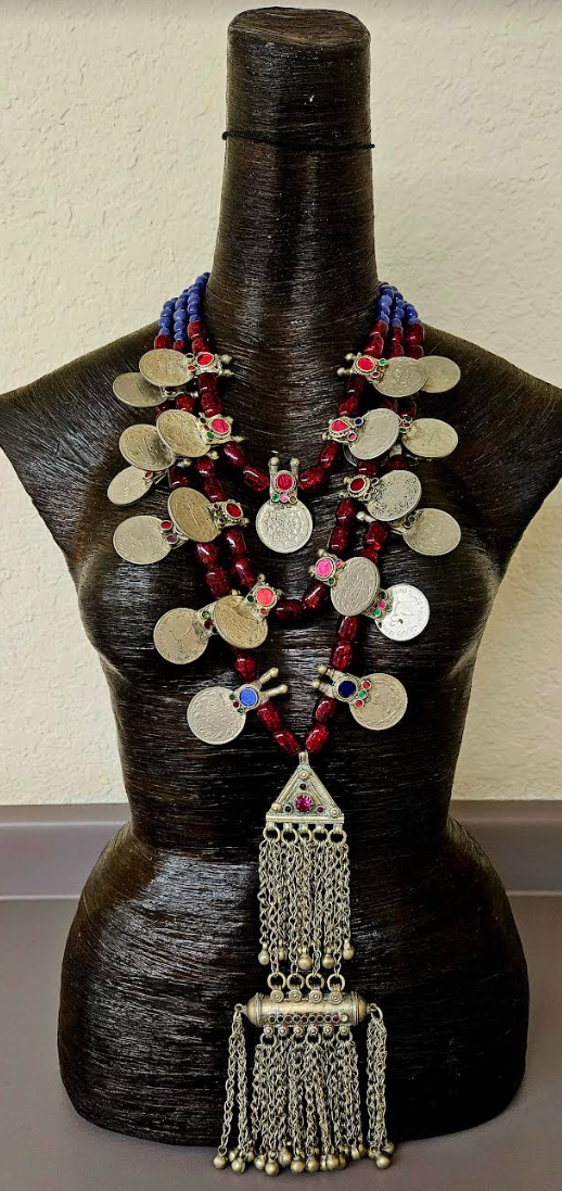 Glass and Architectural Tribal Coin Beaded Ethnic Chest Piece - Waziri Kuchi Scroll Double Tribal Statement Pendant - Kat Kouture Jewelry - Belly Dancer Accessory