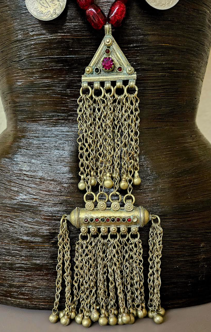 Glass and Architectural Tribal Coin Beaded Ethnic Chest Piece - Waziri Kuchi Scroll Double Tribal Statement Pendant - Kat Kouture Jewelry - Belly Dancer Accessory