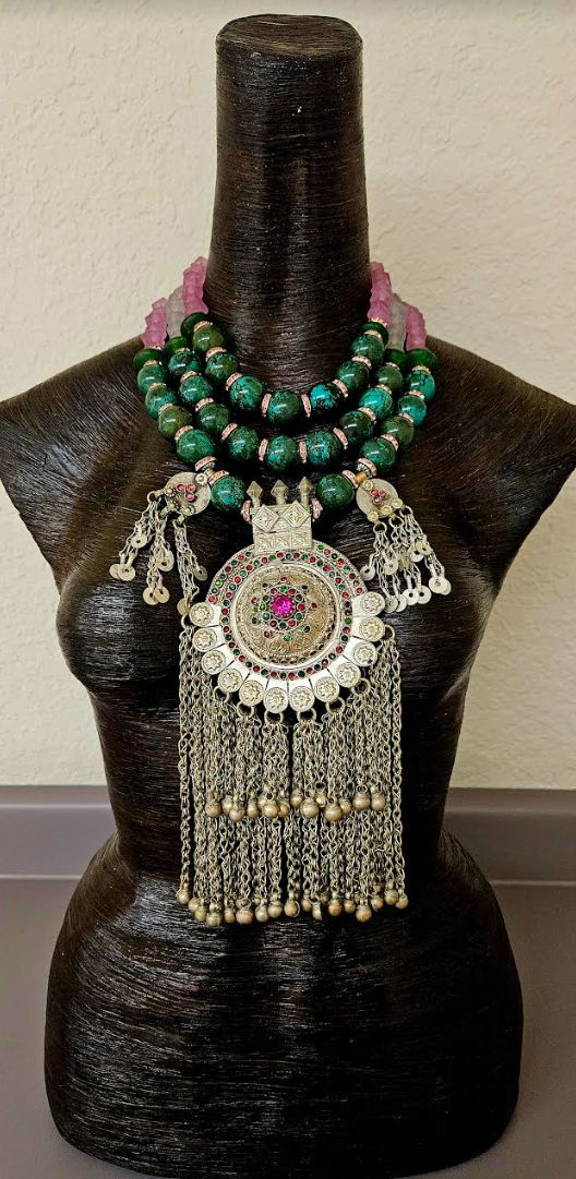 Luxury Turquoise & Frosted Glass Beaded Tribal Chest Piece - Vintage Waziri Dome Ethnic Statement Pendant - Wearable OOAK Art from Kat Kouture Jewelry