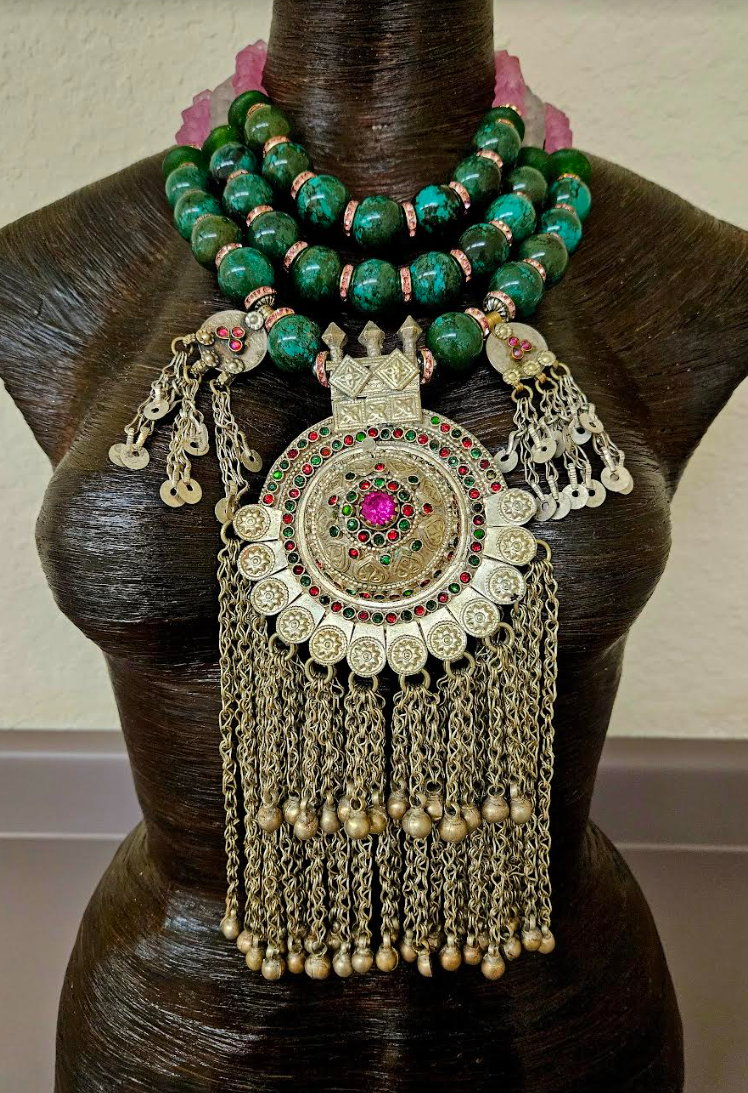 Luxury Turquoise & Frosted Glass Beaded Tribal Chest Piece - Vintage Waziri Dome Ethnic Statement Pendant - Wearable OOAK Art from Kat Kouture Jewelry