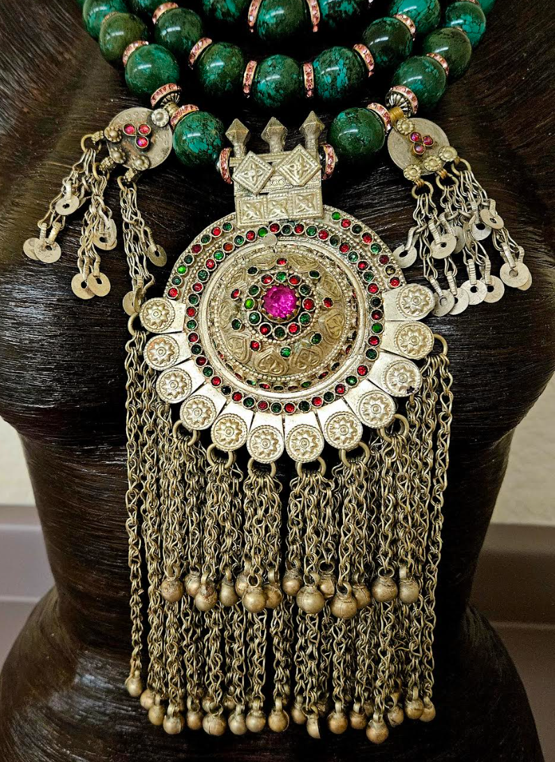 Luxury Turquoise & Frosted Glass Beaded Tribal Chest Piece - Vintage Waziri Dome Ethnic Statement Pendant - Wearable OOAK Art from Kat Kouture Jewelry