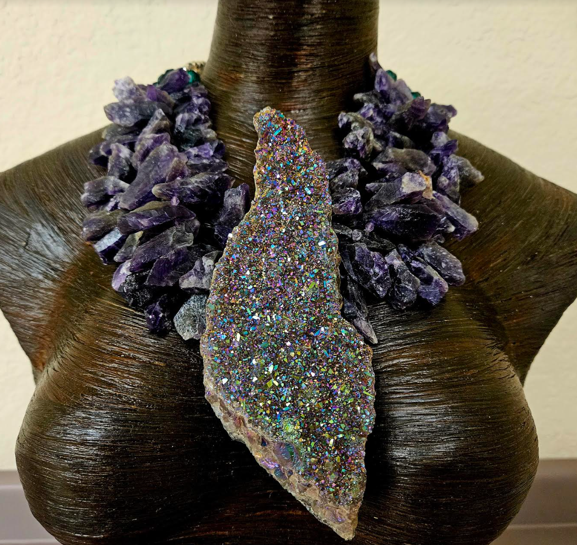 Rough Titanium Aura Statement Pendant with Rough Amethyst Necklace - Luxury Gemstone Chest Piece - Kat Kouture Jewelry