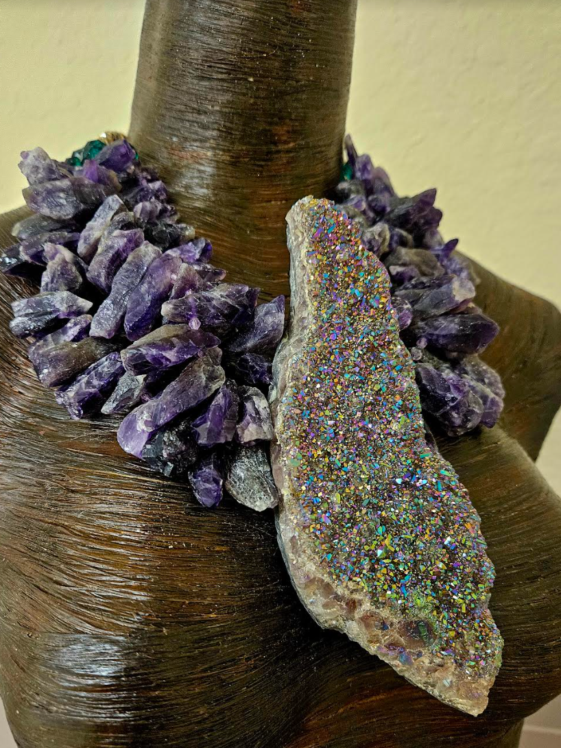 Rough Titanium Aura Statement Pendant with Rough Amethyst Necklace - Luxury Gemstone Chest Piece - Kat Kouture Jewelry