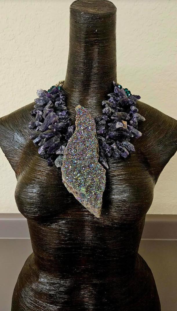 Rough Titanium Aura Statement Pendant with Rough Amethyst Necklace - Luxury Gemstone Chest Piece - Kat Kouture Jewelry