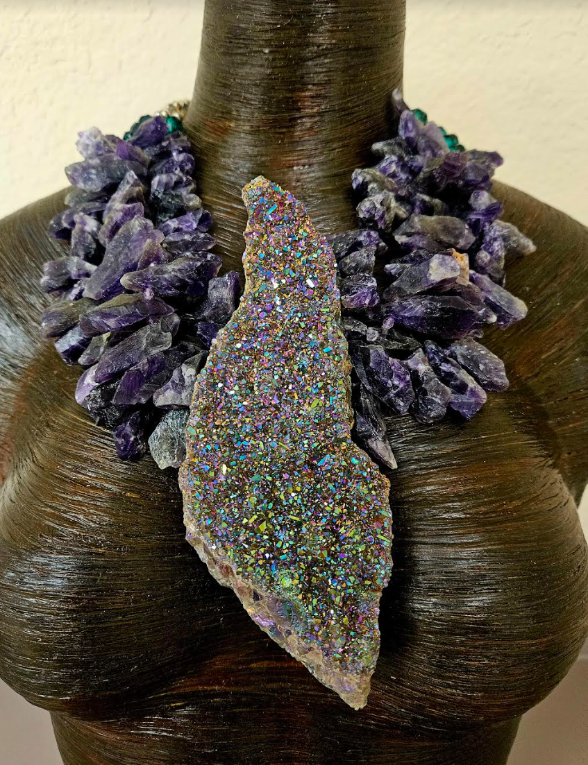 Rough Titanium Aura Statement Pendant with Rough Amethyst Necklace - Luxury Gemstone Chest Piece - Kat Kouture Jewelry