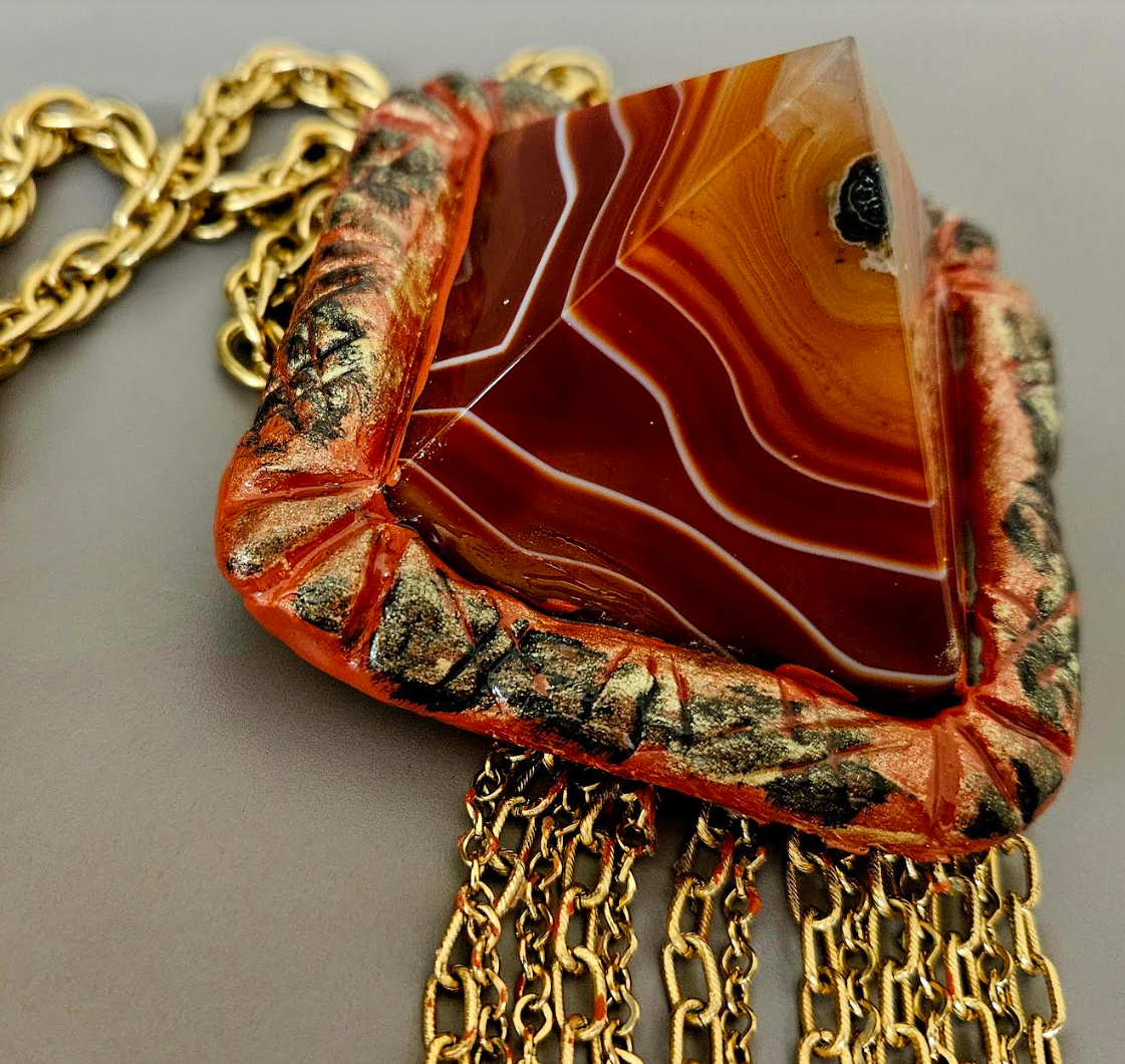 Red Agate Pyramid Sculpted Waterfall Chainmail Statement Pendant - Lagenlook Styled Extra Long Gemstone Chest Piece - Kat Kouture Jewelry - Reddish Brown Unisex Stone Pendant - Frankie Bernstein Styled Talisman Chest Piece