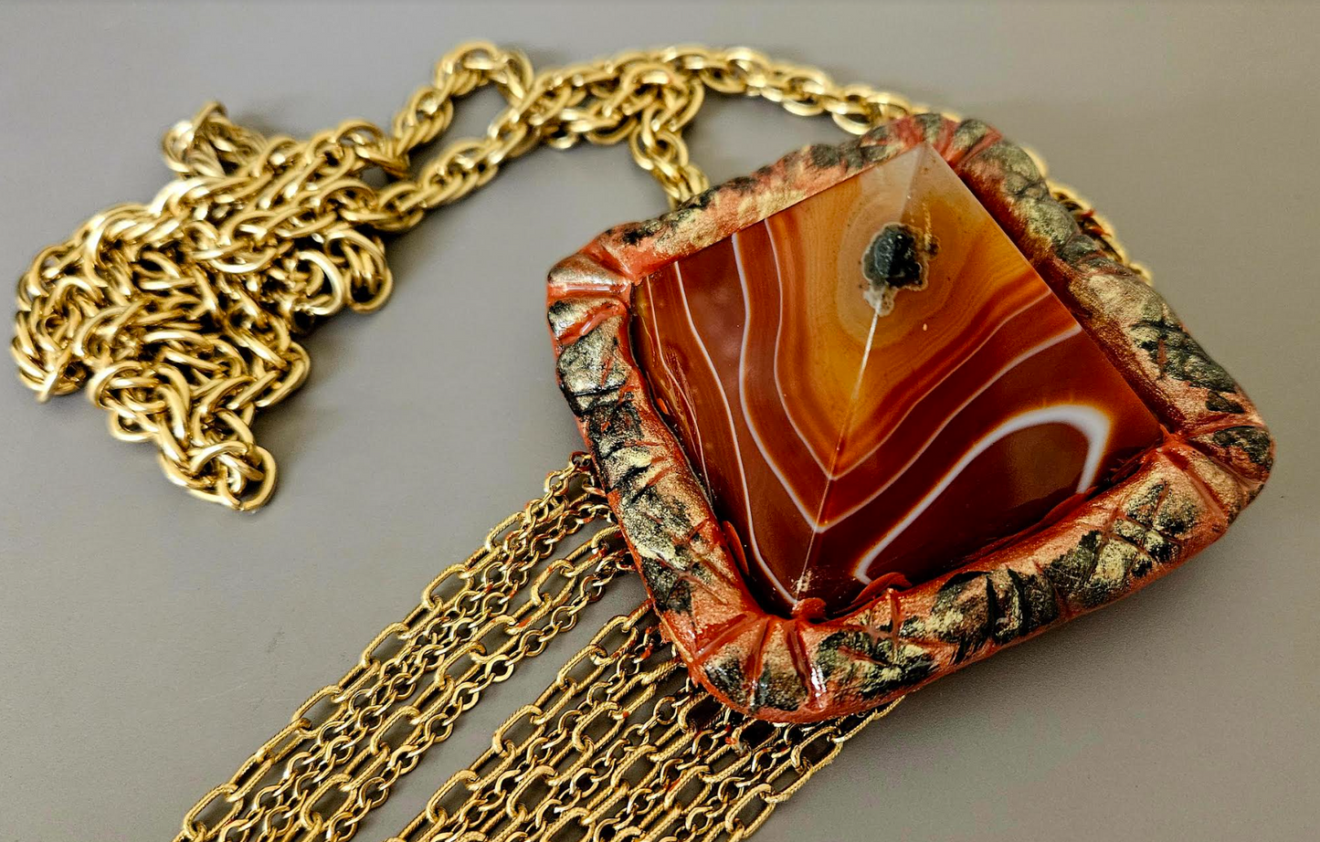 Red Agate Pyramid Sculpted Waterfall Chainmail Statement Pendant - Lagenlook Styled Extra Long Gemstone Chest Piece - Kat Kouture Jewelry - Reddish Brown Unisex Stone Pendant - Frankie Bernstein Styled Talisman Chest Piece