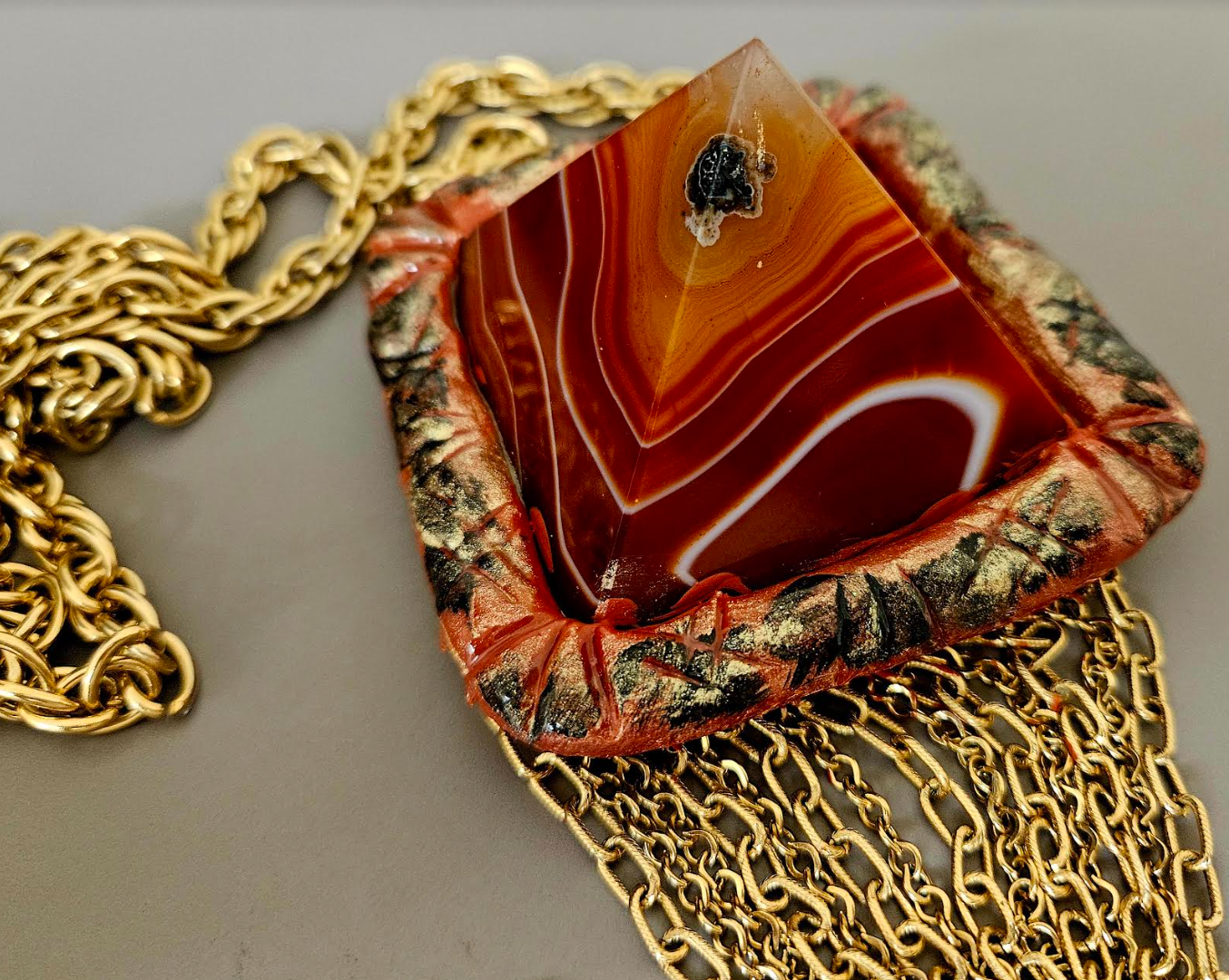 Red Agate Pyramid Sculpted Waterfall Chainmail Statement Pendant - Lagenlook Styled Extra Long Gemstone Chest Piece - Kat Kouture Jewelry - Reddish Brown Unisex Stone Pendant - Frankie Bernstein Styled Talisman Chest Piece