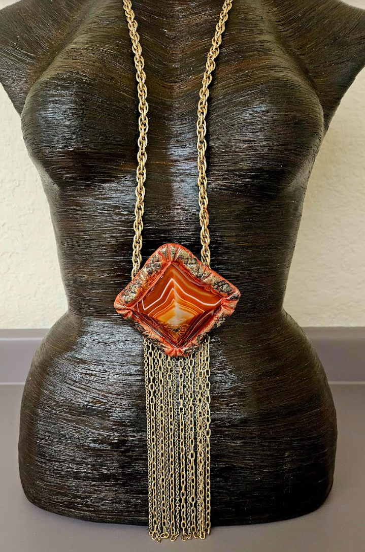 Red Agate Pyramid Sculpted Waterfall Chainmail Statement Pendant - Lagenlook Styled Extra Long Gemstone Chest Piece - Kat Kouture Jewelry - Reddish Brown Unisex Stone Pendant - Frankie Bernstein Styled Talisman Chest Piece