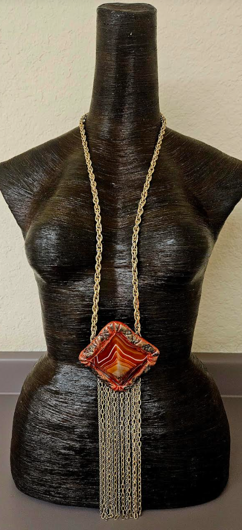 Red Agate Pyramid Sculpted Waterfall Chainmail Statement Pendant - Lagenlook Styled Extra Long Gemstone Chest Piece - Kat Kouture Jewelry - Reddish Brown Unisex Stone Pendant - Frankie Bernstein Styled Talisman Chest Piece