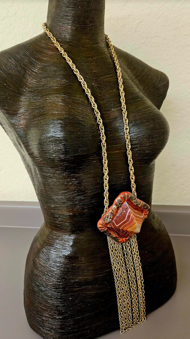 Red Agate Pyramid Sculpted Waterfall Chainmail Statement Pendant - Lagenlook Styled Extra Long Gemstone Chest Piece - Kat Kouture Jewelry - Reddish Brown Unisex Stone Pendant - Frankie Bernstein Styled Talisman Chest Piece