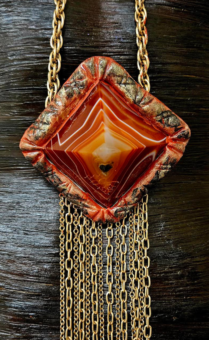 Red Agate Pyramid Sculpted Waterfall Chainmail Statement Pendant - Lagenlook Styled Extra Long Gemstone Chest Piece - Kat Kouture Jewelry - Reddish Brown Unisex Stone Pendant - Frankie Bernstein Styled Talisman Chest Piece