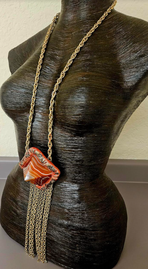 Red Agate Pyramid Sculpted Waterfall Chainmail Statement Pendant - Lagenlook Styled Extra Long Gemstone Chest Piece - Kat Kouture Jewelry - Reddish Brown Unisex Stone Pendant - Frankie Bernstein Styled Talisman Chest Piece