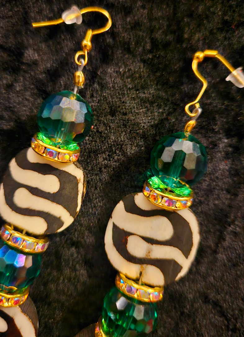 African Batik Bone & Emerald Green Crystal Dangle Earrings - Exotic Jungle Fever Pierced Earrings - Haute Couture Ear Candy - Kat Kouture Jewelry